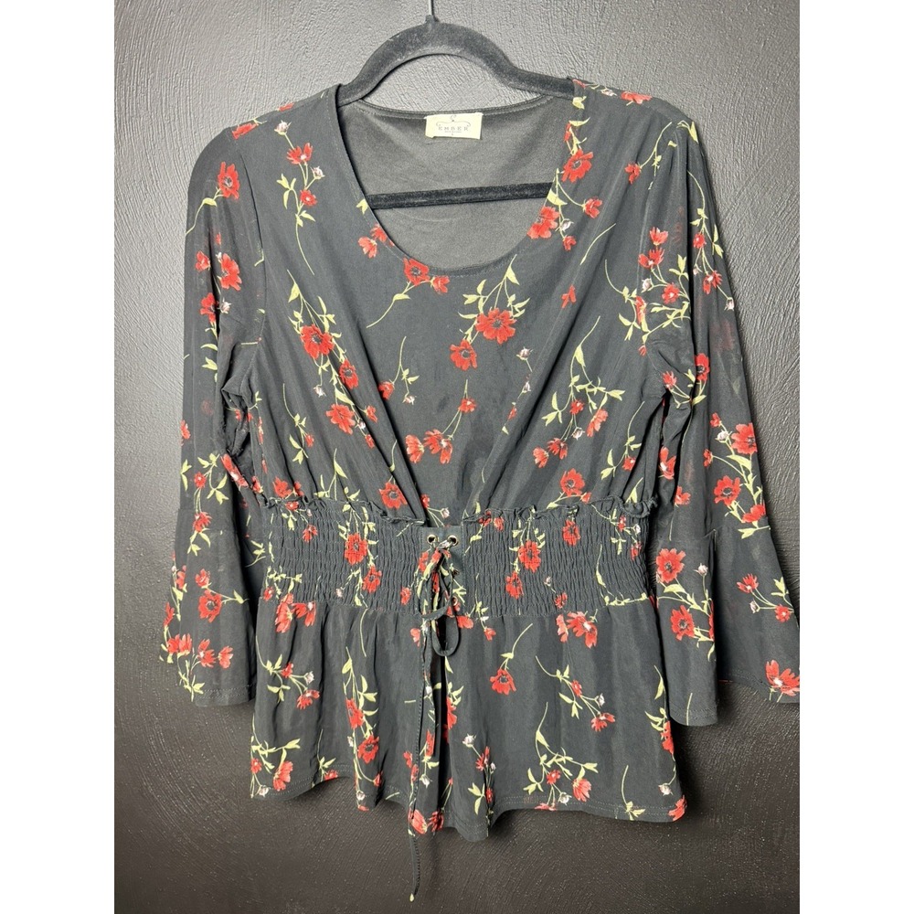Ember Blouse Women's L Black Floral Flare 3/4 Sleeve Top Witchy Dark Academia